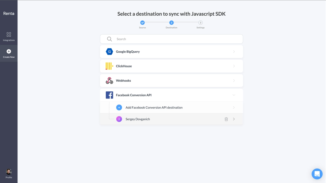 Select the Facebook Conversion API in the destination list Select the Facebook Conversion API in the destination list