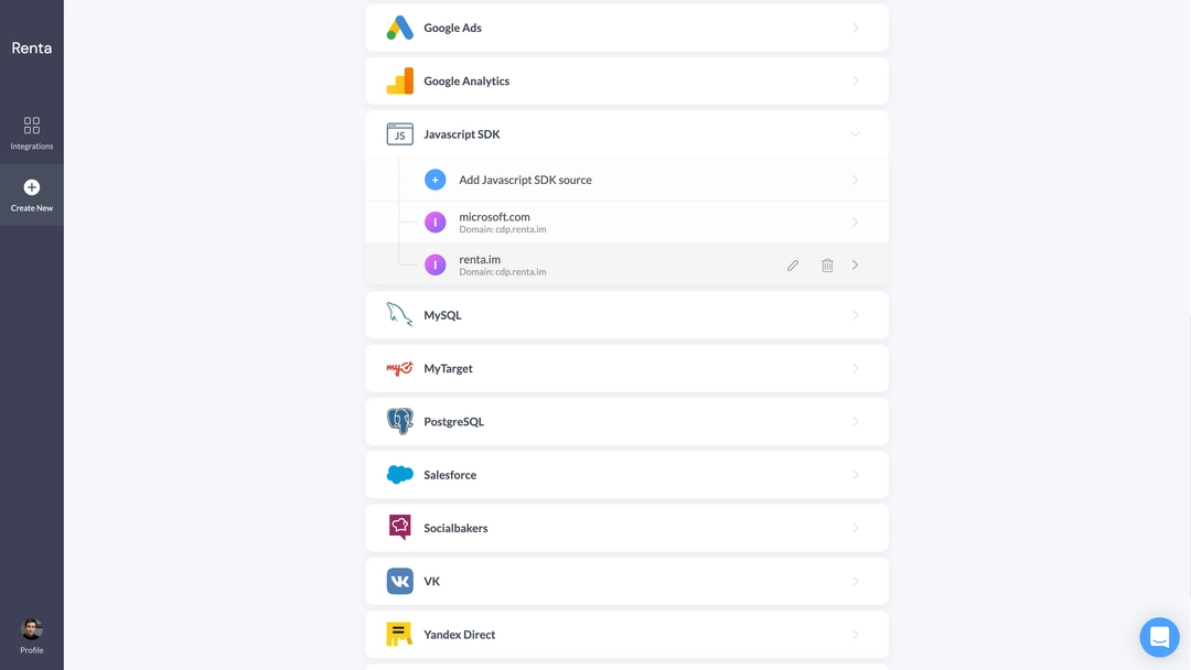 Select your Javascript SDK source in the Renta user interface Select your Javascript SDK in Renta User Interface