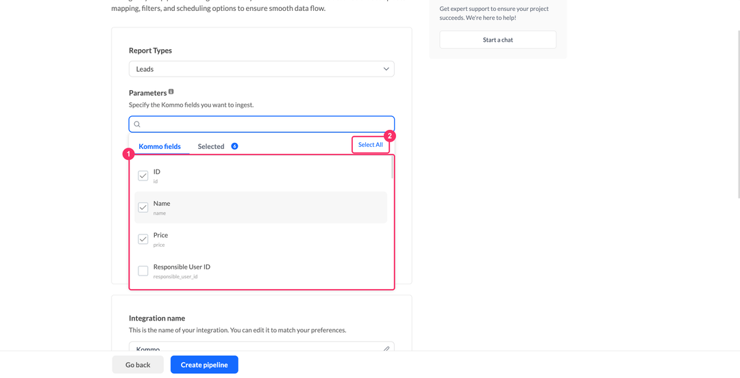 Kommo parameters picker with the Kommo fields and Selected tabs and the Select All button