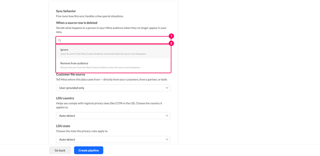 When a source row is deleted dropdown with the Ignore and Remove from audience options