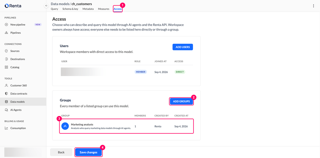 Access tab of a data model with the Add groups button, the added group in the Groups list, and the Save changes button