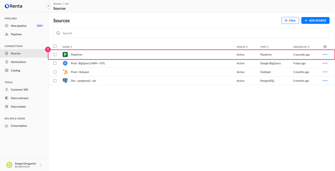 Sources list with the new Pipedrive source in the Active status