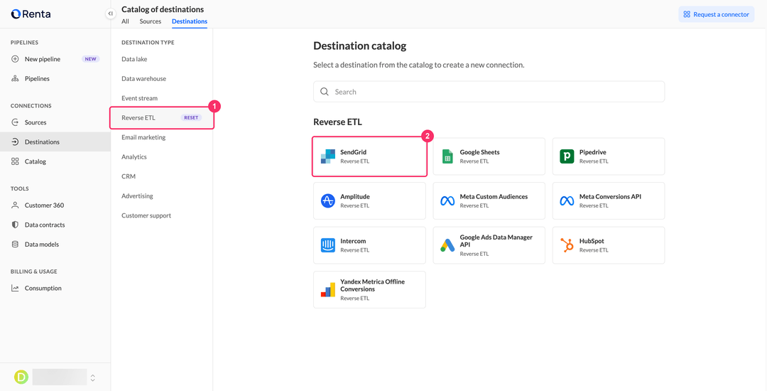 Карточка SendGrid в категории Reverse ETL каталога назначений Renta