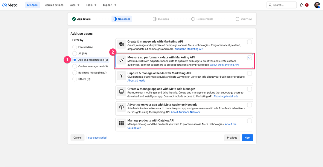 Add use cases step with Measure ad performance data with Marketing API selected