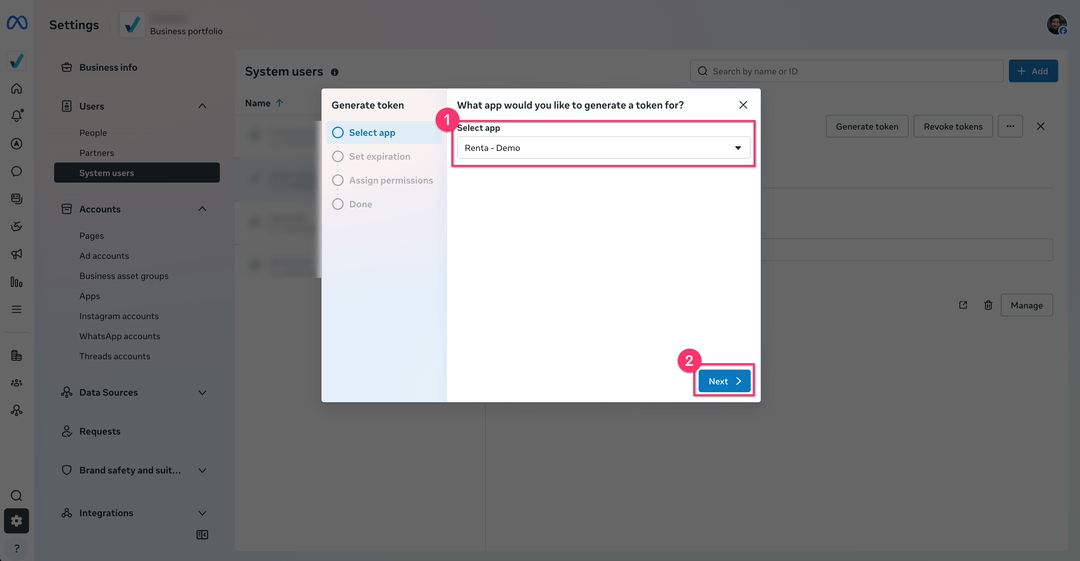 Generate token dialog with the Select app dropdown
