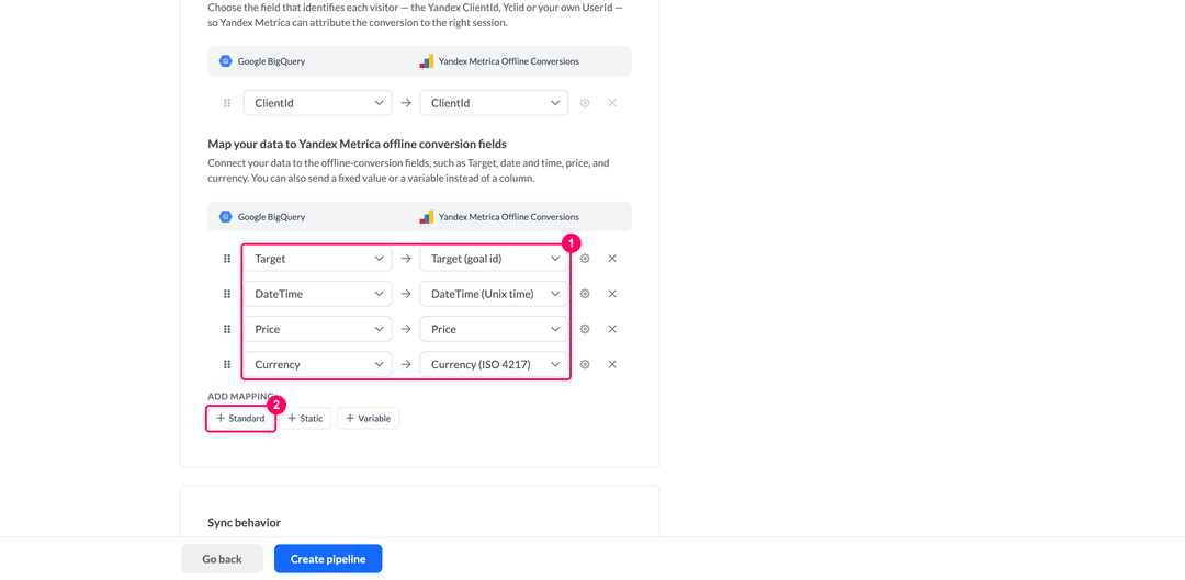 Mapping data model columns to Yandex Metrica offline conversion fields