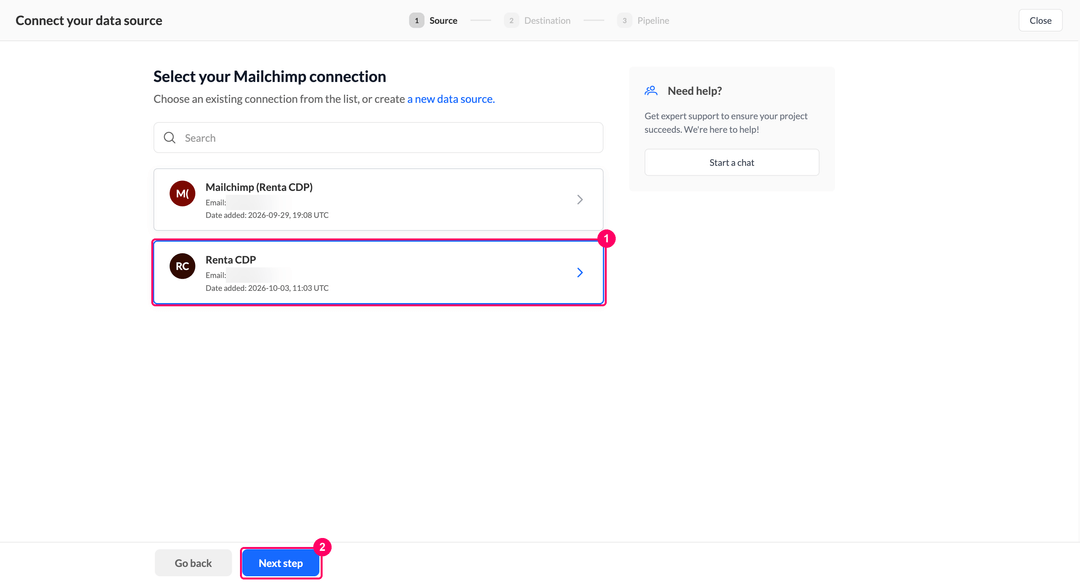 Select your Mailchimp connection step with the connection card and its creation date