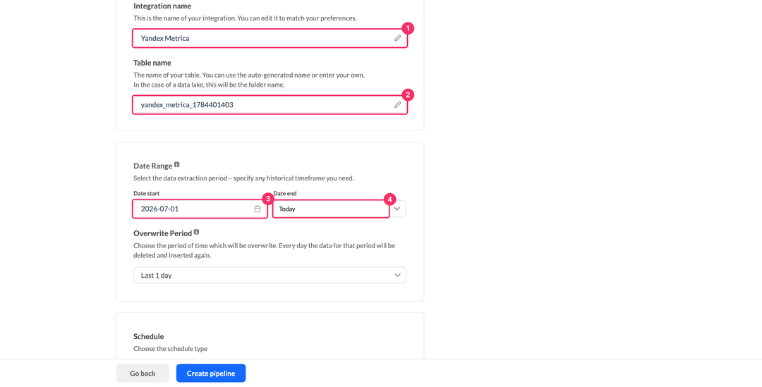 Имя интеграции, имя таблицы и диапазон дат Yandex Metrica