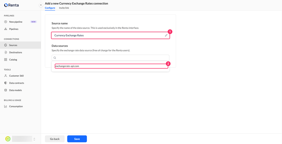 Страница добавления подключения Currency Exchange Rates с открытым списком Data sources
