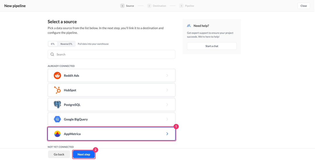 Шаг выбора источника с AppMetrica в блоке Already connected