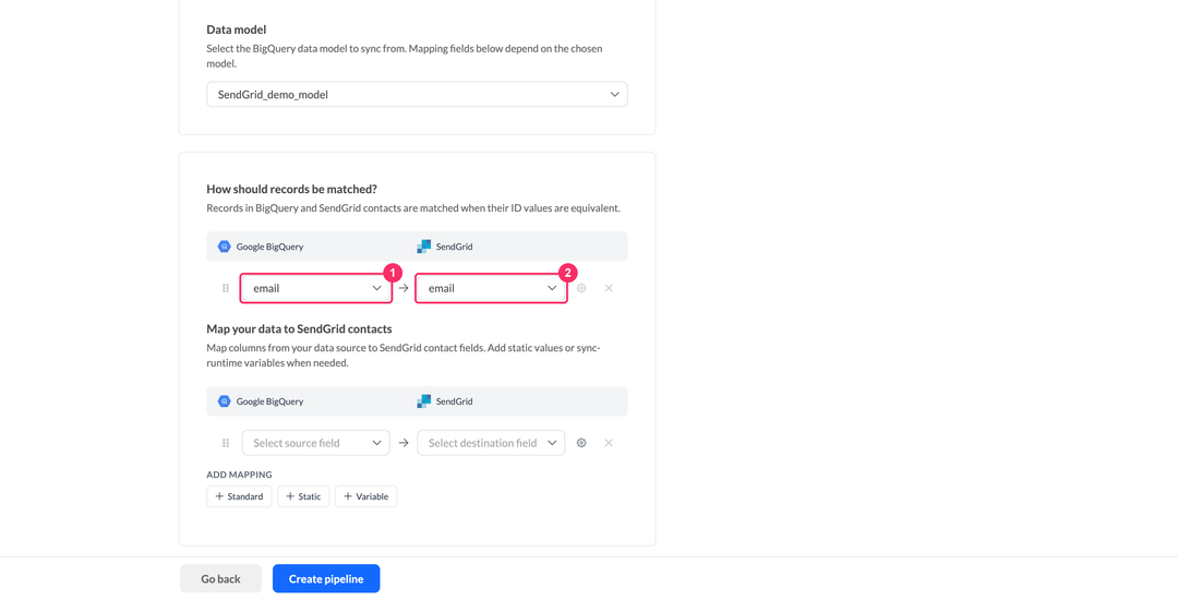 Блок сопоставления записей с колонкой источника слева и полем email SendGrid справа