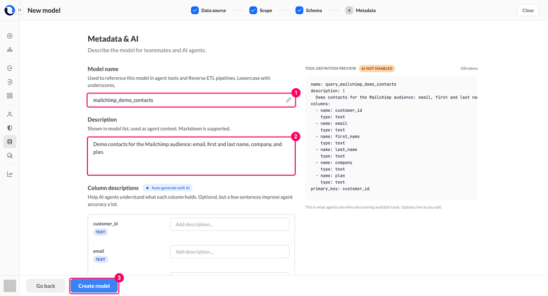 Metadata step with the model name and description fields and the Create model button
