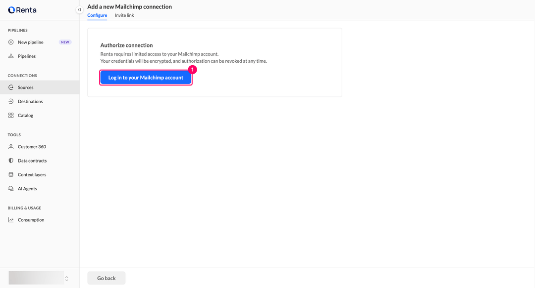Add a new Mailchimp connection page with the Log in to your Mailchimp account button