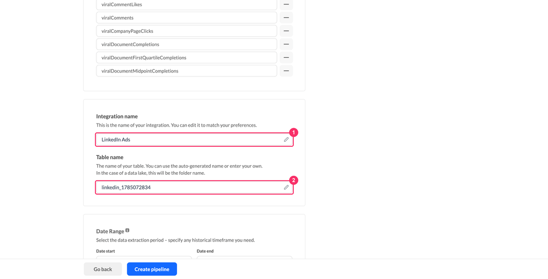Имя интеграции и имя таблицы LinkedIn Ads