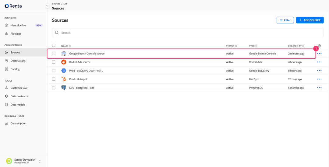Sources list with the new Google Search Console source
