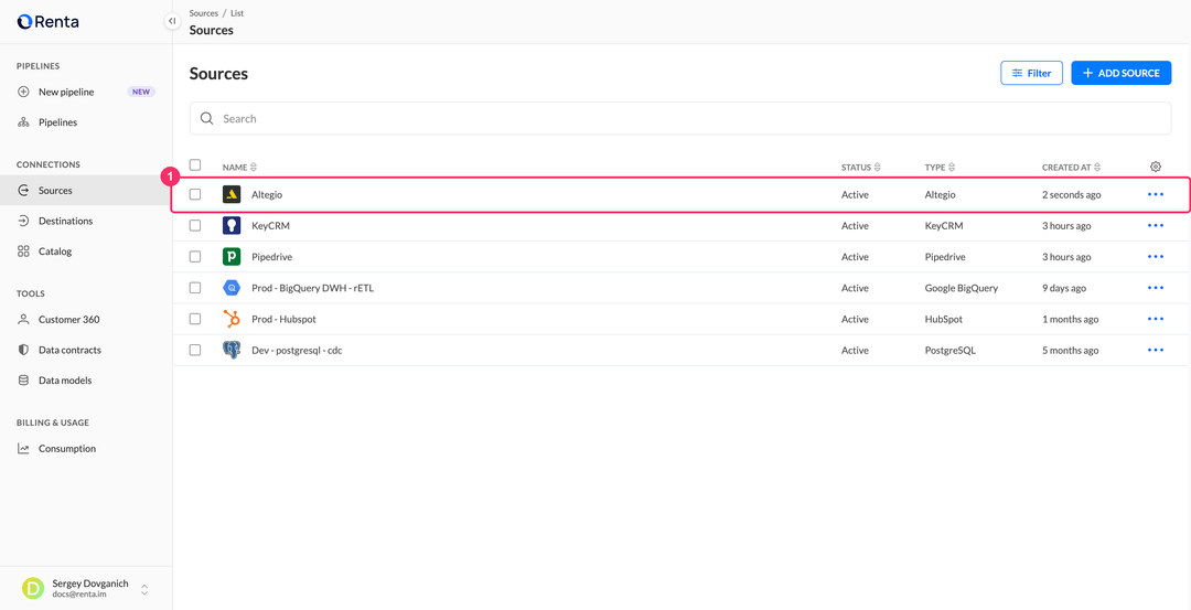 Sources list with the new Altegio source in the Active status