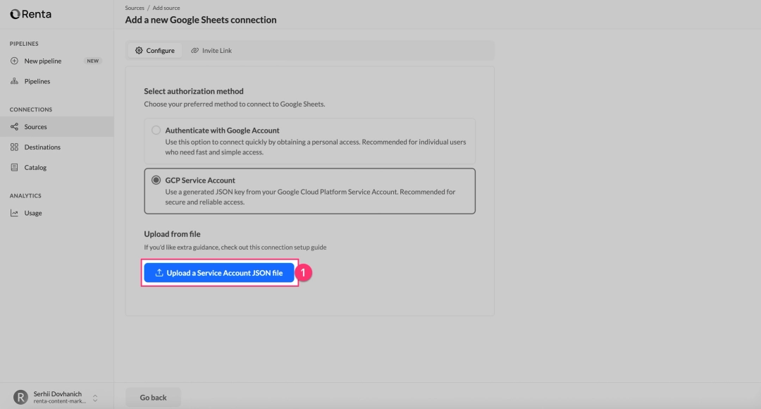 Uploading the Service Account JSON key to Renta