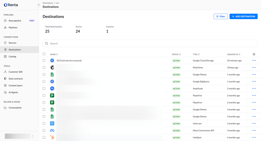 Список назначений с новым подключением Google Cloud Storage в статусе Active