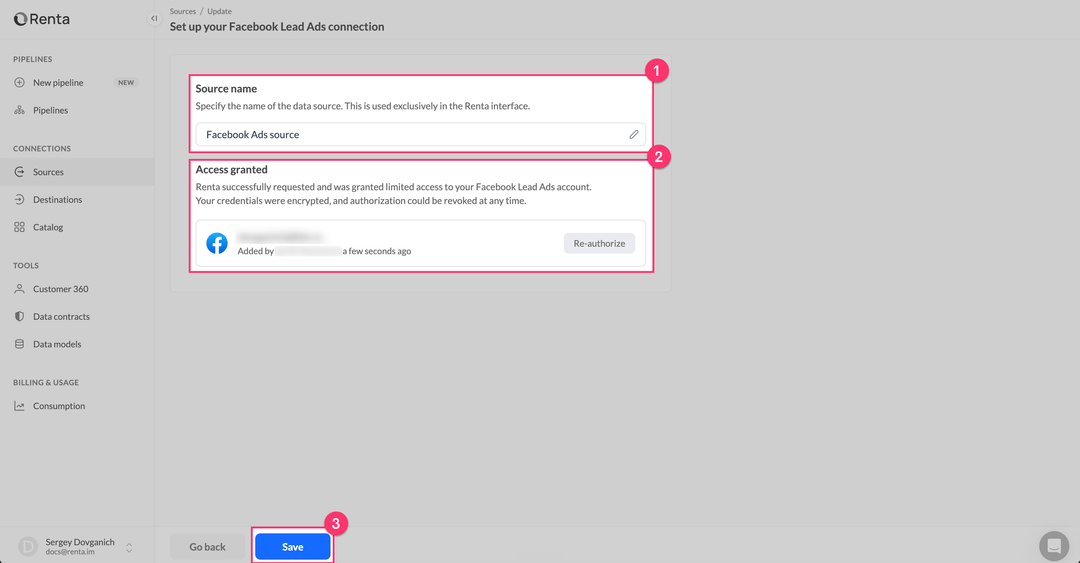 Set up your Facebook Lead Ads connection with source name and access granted