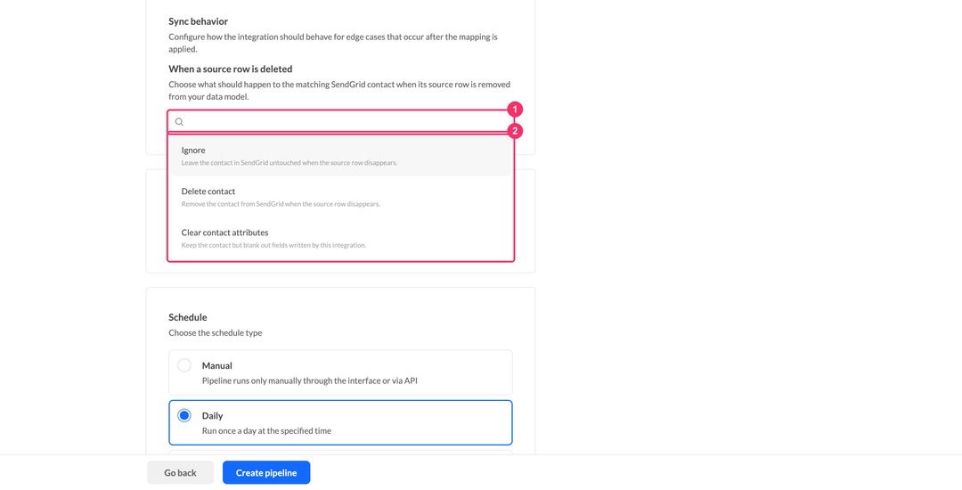 Выпадающий список When a source row is deleted с вариантами Ignore и Delete contact