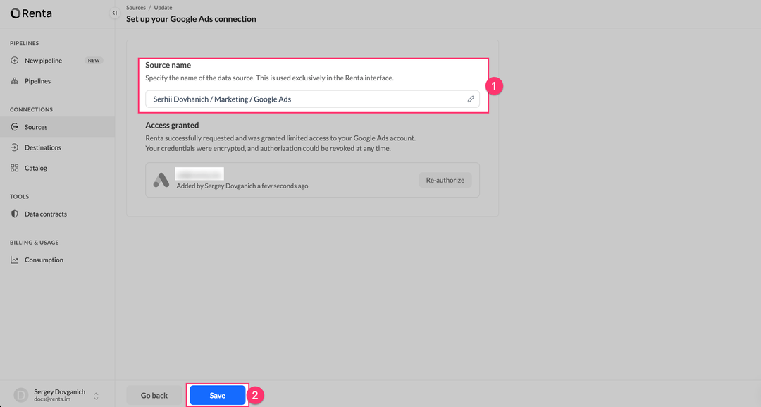 Настройка подключения Google Ads — название и Save