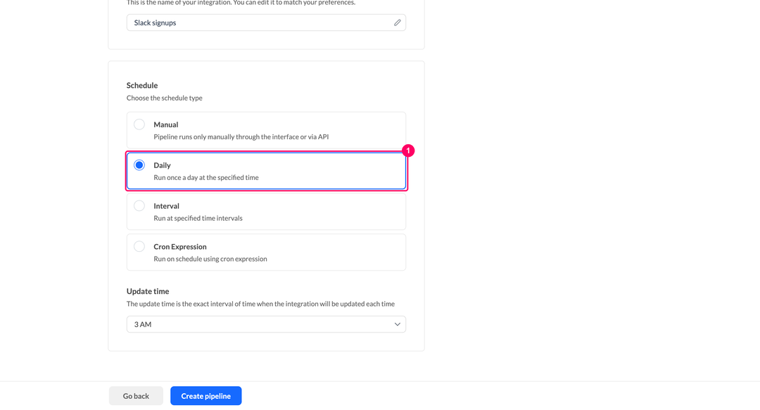 Schedule type selection for the Slack pipeline with the Daily option checked