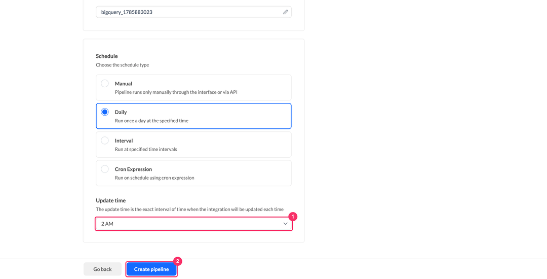 Update time selection and the Create pipeline button