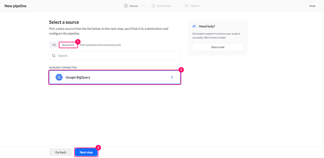 Select a source step with the Reverse ETL toggle and the Google BigQuery card