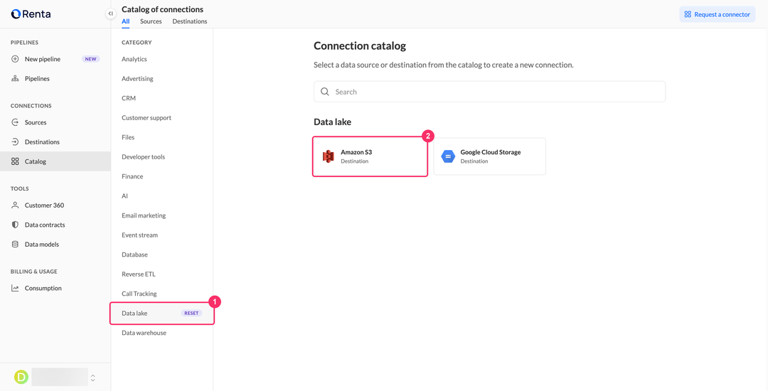 Amazon S3 card in the Data lake category of the Renta connection catalog