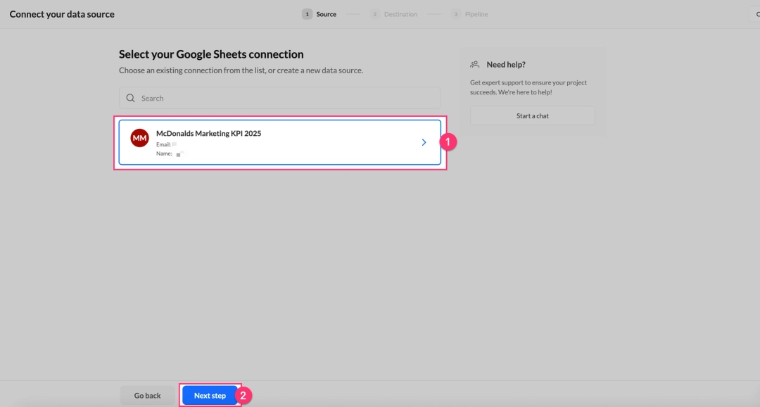 Choosing the specific Google Sheets connection for the pipeline