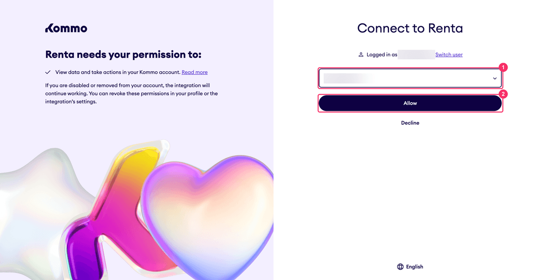 Kommo consent screen with the account selector and the Allow button