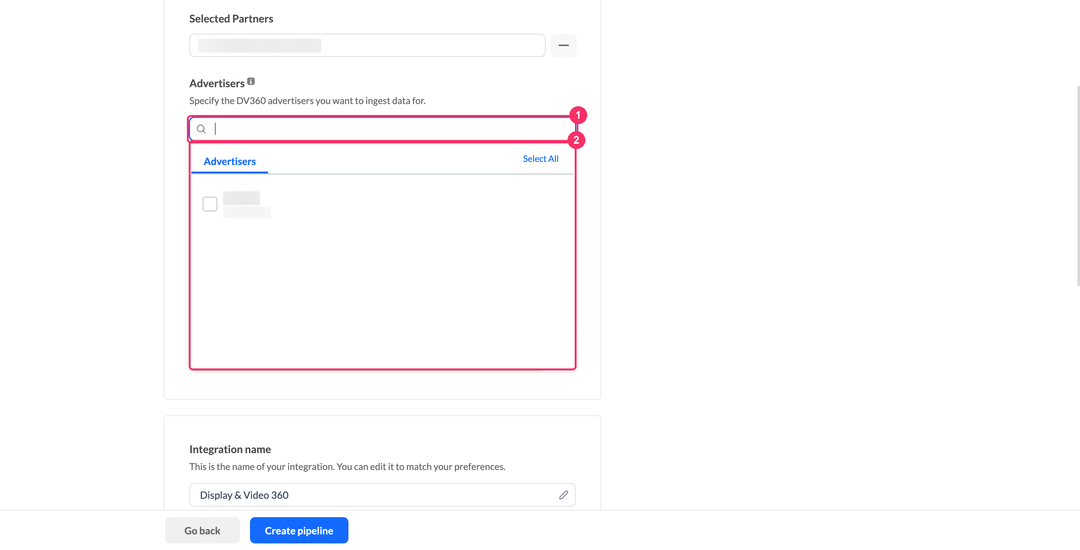 Advertisers picker of a Display & Video 360 pipeline