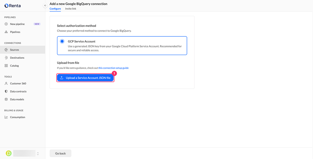 Add a new Google BigQuery connection page with the GCP Service Account method and the key upload button