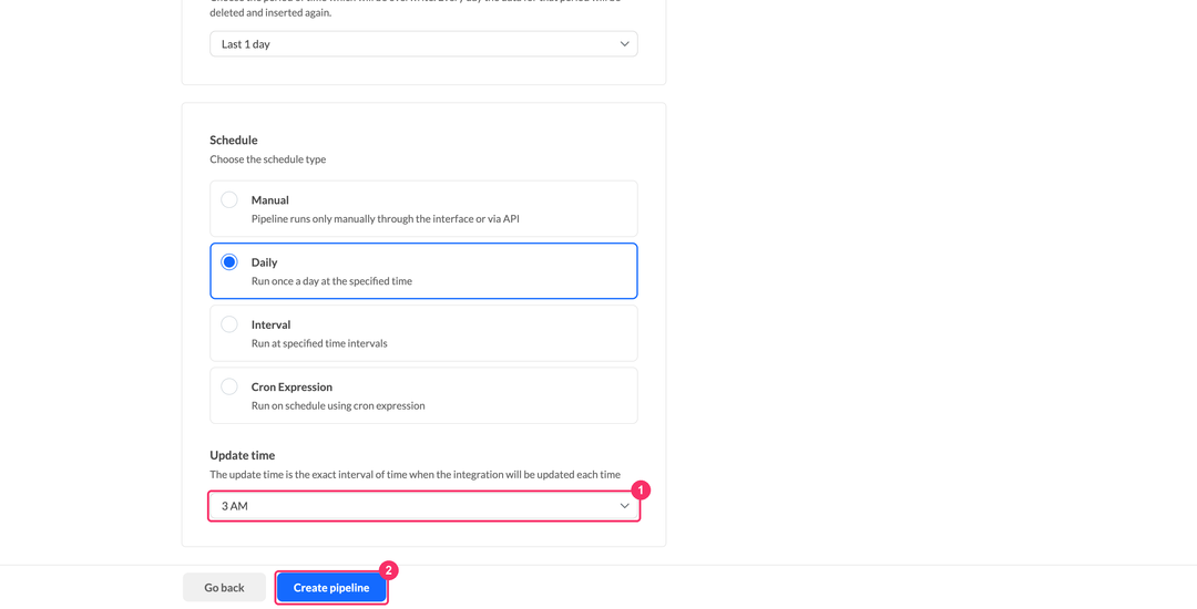 Выпадающий список Update time и кнопка Create pipeline