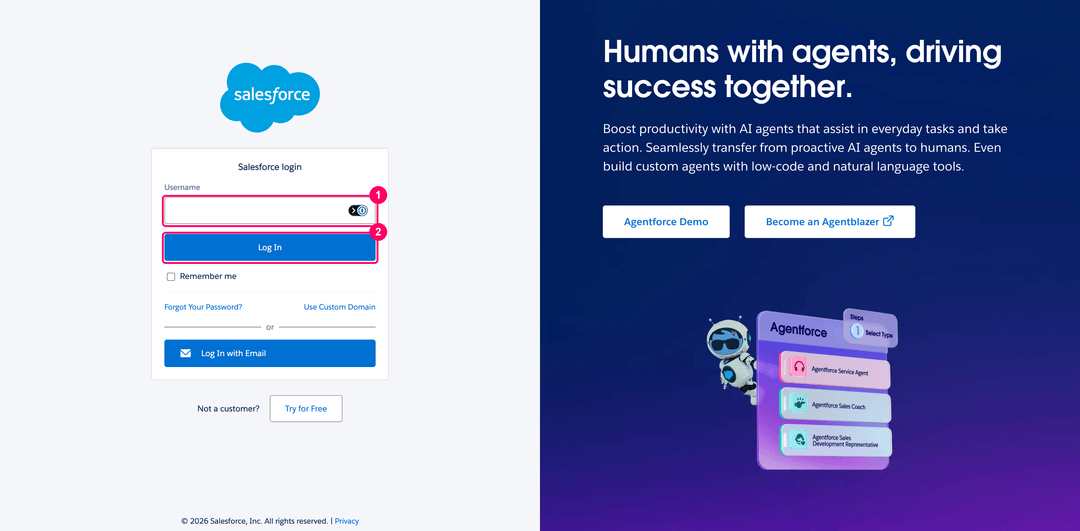 Страница входа Salesforce, на которой вы авторизуетесь перед выдачей доступа Renta