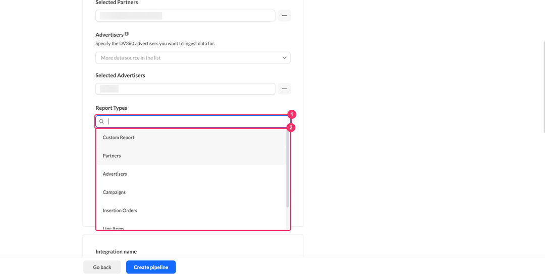 Report Types dropdown of a Display & Video 360 pipeline with all seven types