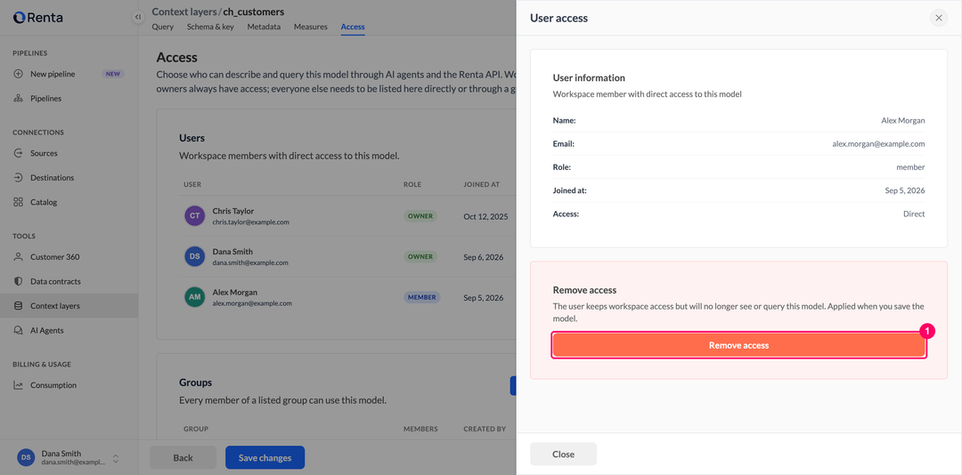 User access panel with the member details and the Remove access button