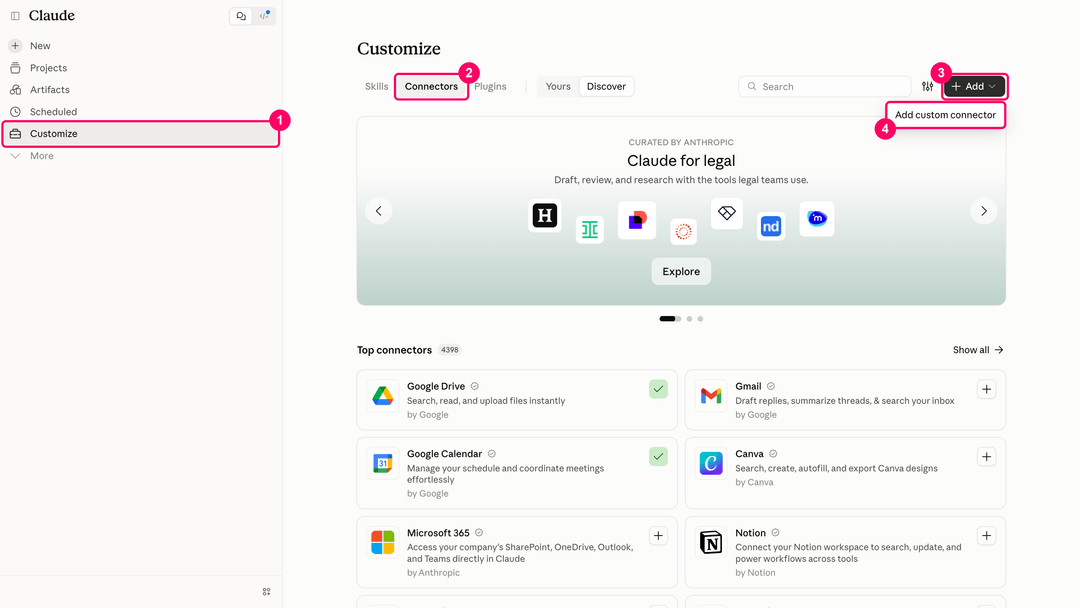 Вкладка Connectors на странице Customize в Claude с открытым меню Add и пунктом Add custom connector