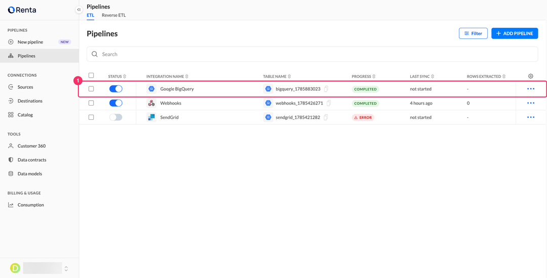 Pipelines list with the new Google BigQuery integration in the Completed status