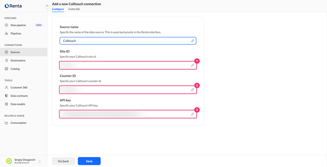 Страница добавления подключения Calltouch с полями Site ID, Counter ID и API key