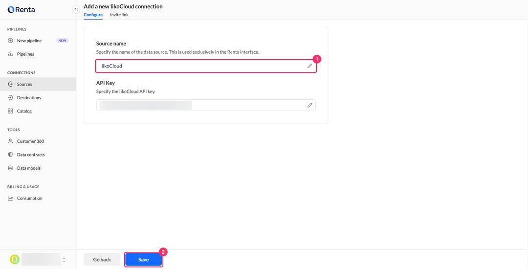 Source name field and the Save button on the IikoCloud connection form
