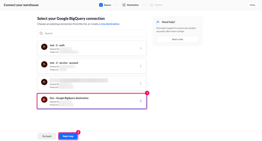 Select your Google BigQuery connection step with the destination connection cards