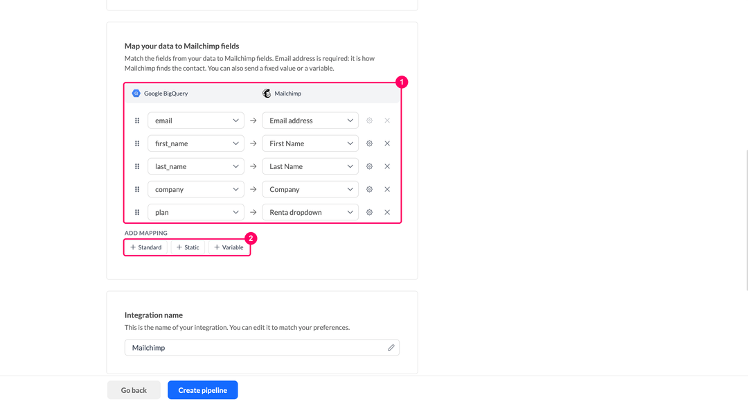 Mapping data model columns to Mailchimp fields: email to Email address, first_name to First Name, last_name to Last Name, company to Company, and plan to a dropdown merge field