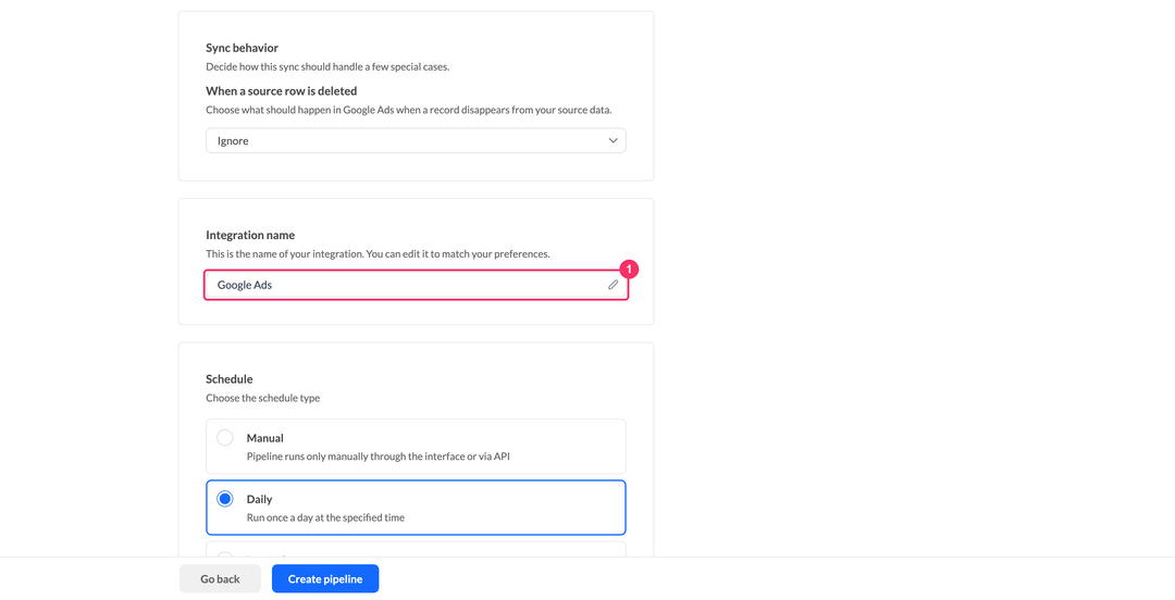 Поле Integration name в настройках пайплайна Google Ads