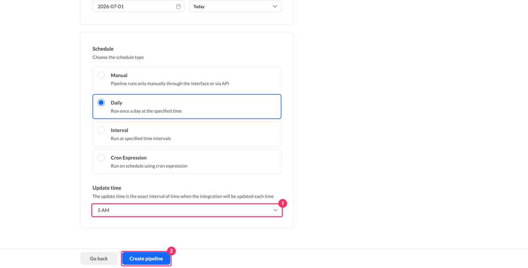 Выбор времени обновления AppMetrica и кнопка Create pipeline