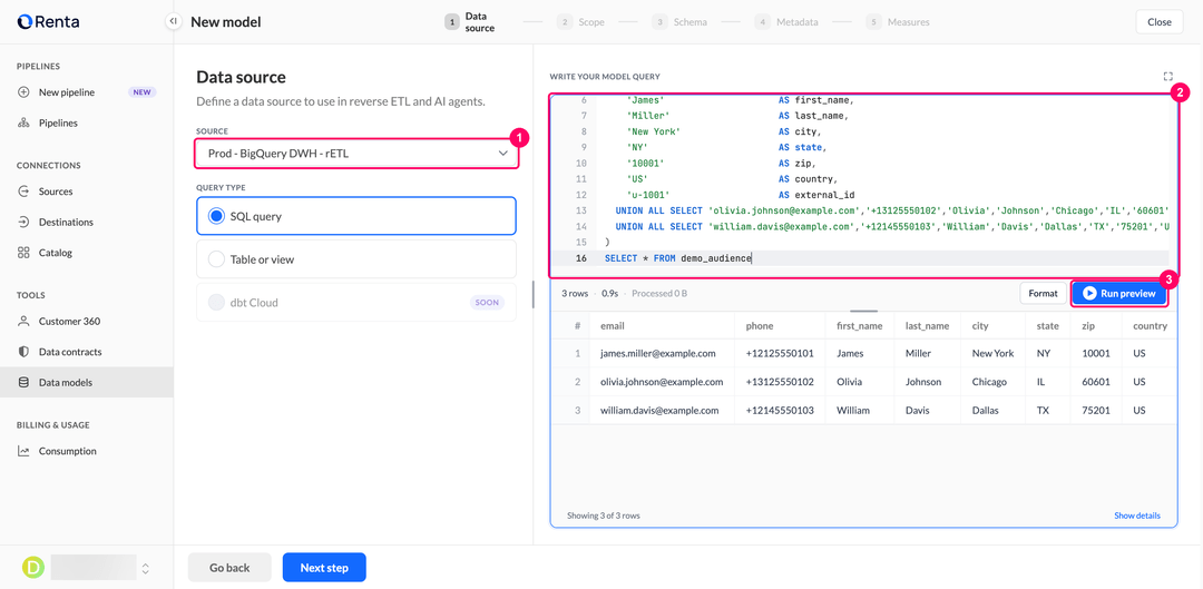 Data source step with the warehouse connection, the SQL editor, and the query preview results