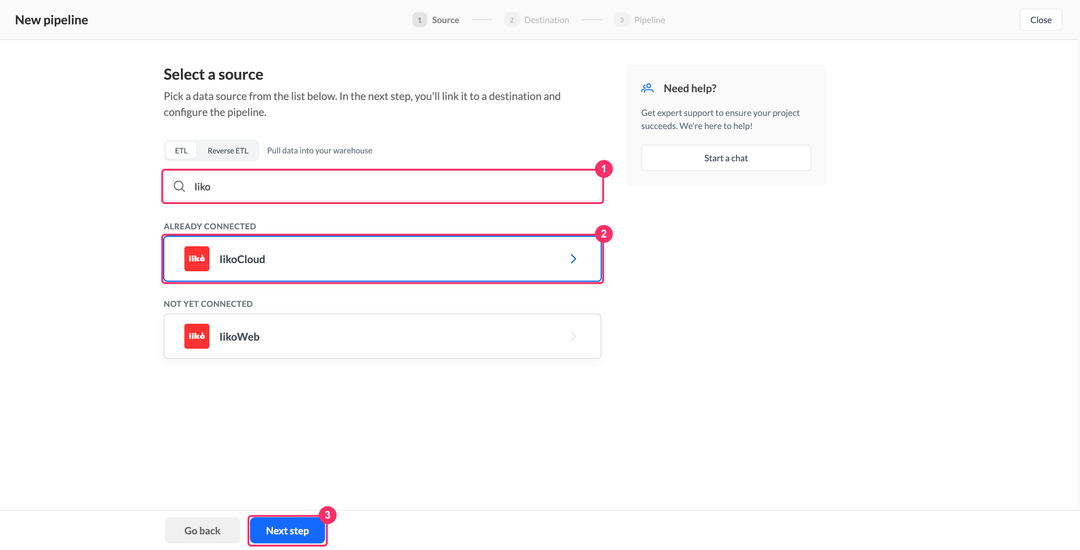 Select a source step of the pipeline wizard with IikoCloud found through the search field