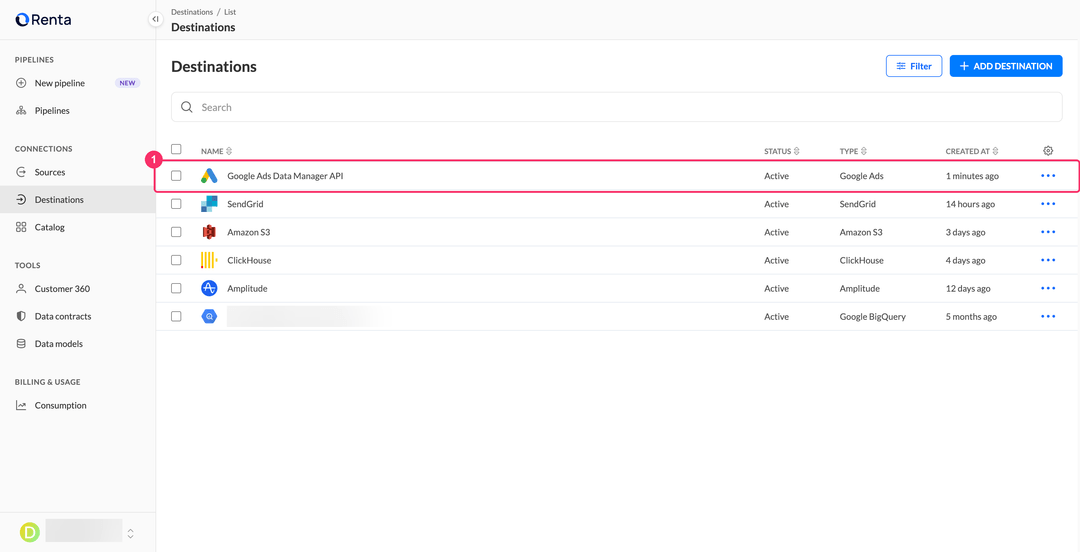 Список назначений с новым подключением Google Ads Data Manager API в статусе Active