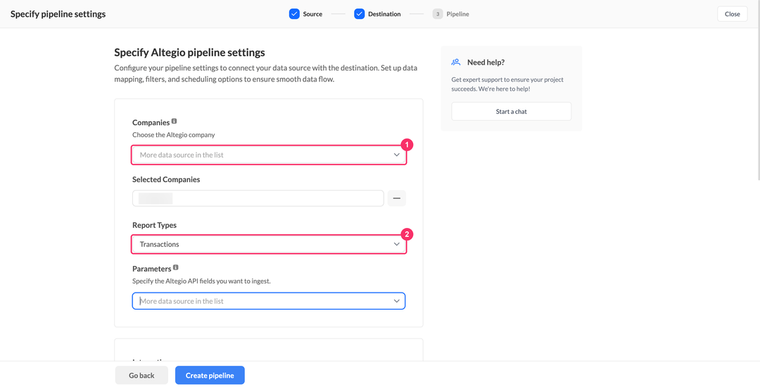 Altegio pipeline settings with the Companies dropdown and the Report Types dropdown set to Transactions