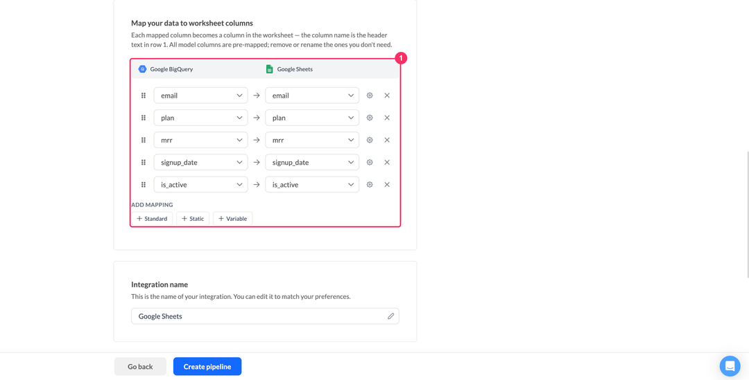 Маппинг колонок модели данных на колонки листа Google Sheets